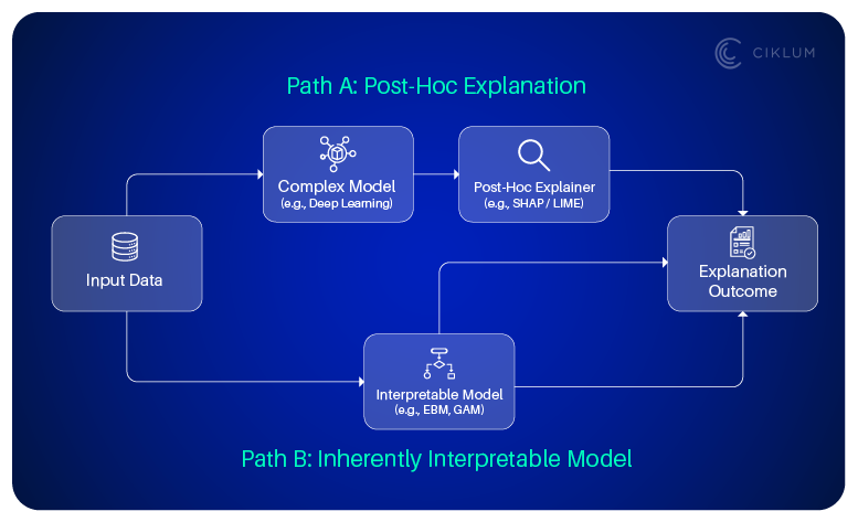 Infographic comparing Path A: Post-Hoc Explanation using complex models with SHAP or LIME explainers vs Path B: Inherently Interpretable Models like EBM or GAM for transparent AI outcomes