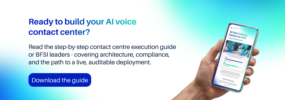 AI voice contact center guide for BFSI displayed on a smartphone with call-to-action to download
