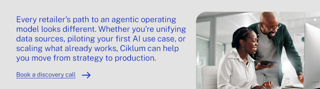 CTA banner with message about retail AI transformation and agentic operating models, featuring two colleagues collaborating over a tablet and a &ldquo;Book a discovery call&rdquo; call-to-action.