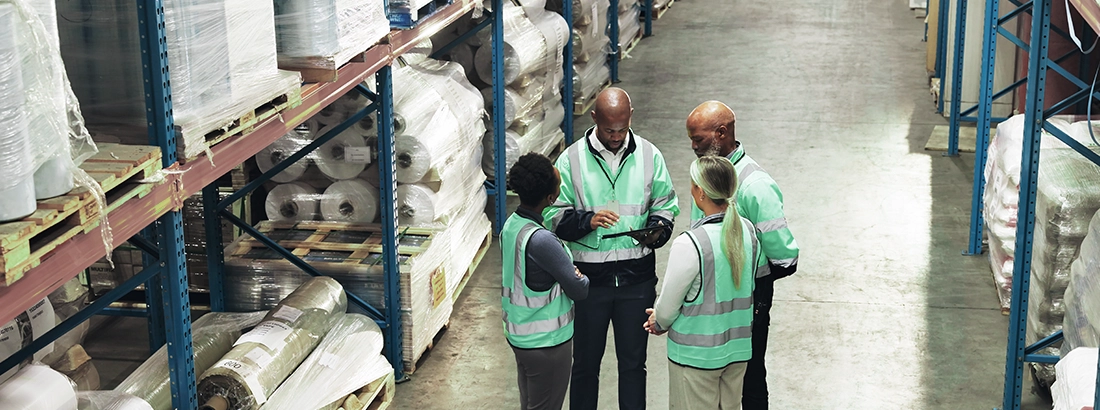 Warehouse team in safety vests discussing operations and reviewing information in a storage facility.