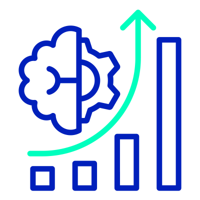 Growth chart with brain and gear icon representing AI-driven analytics.