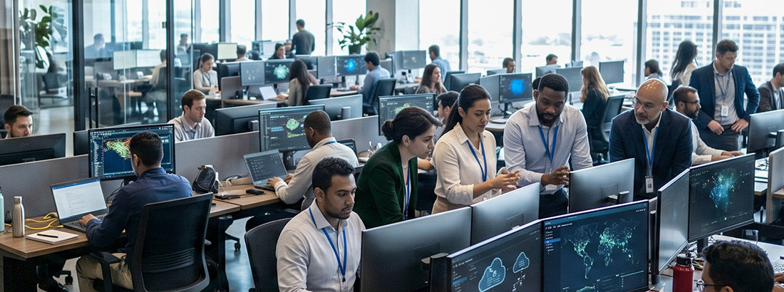 Team of professionals collaborating in a modern office while monitoring client data and analytics dashboards across multiple screens.