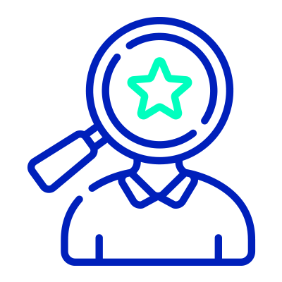 Person with magnifying glass and star representing talent identification or candidate evaluation.