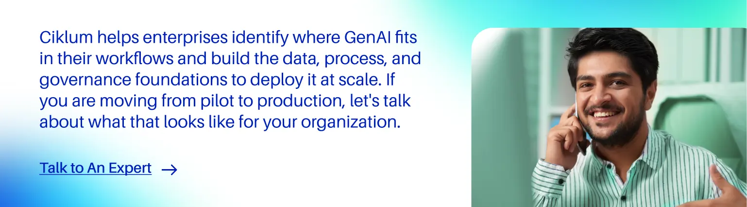A call-to-action banner for Ciklum offering enterprise GenAI workflow deployment services next to a photo of a smiling man on a headset.