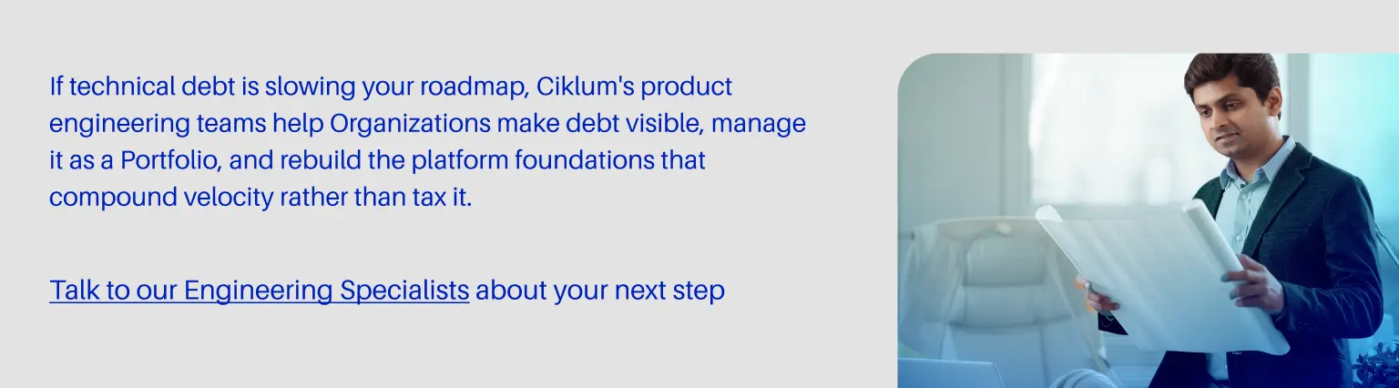CTA banner featuring a software professional reviewing documents, with text about managing technical debt and rebuilding platform foundations.