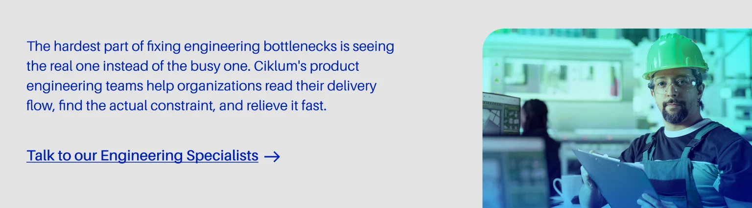 Engineer in a hard hat beside a call to action about fixing delivery bottlenecks