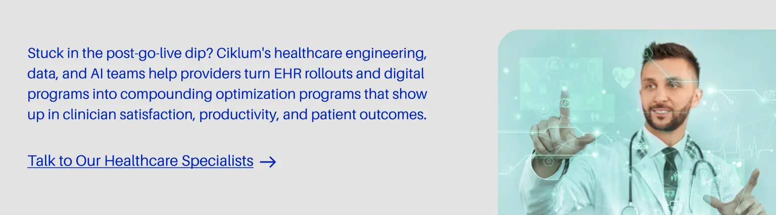 Healthcare professional using a digital interface to illustrate healthcare technology and data solutions.