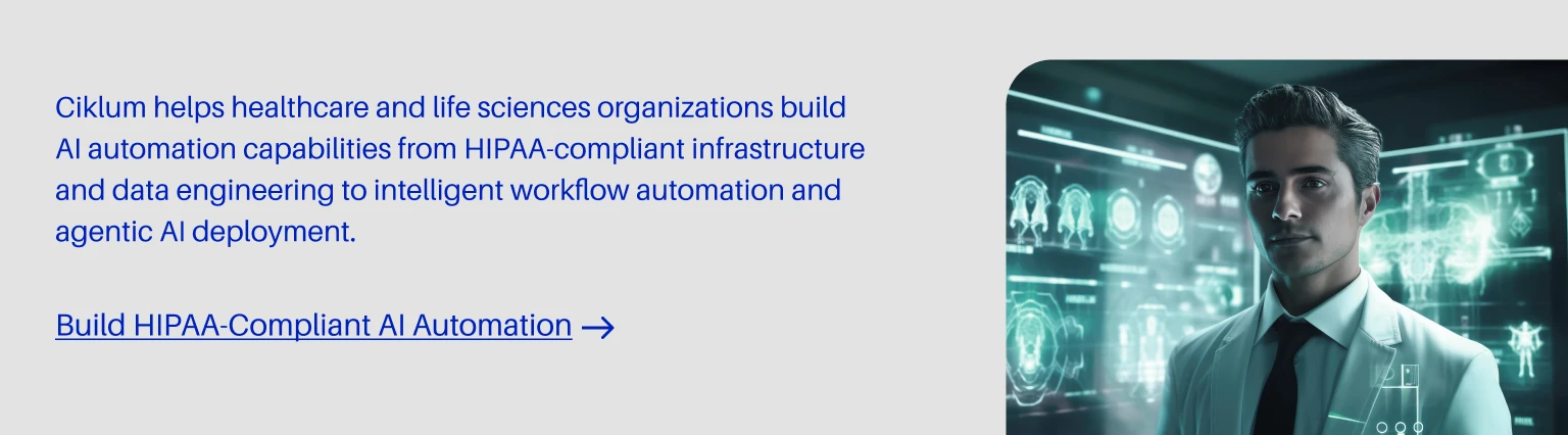Build HIPAA-Compliant AI Automation with Ciklum, alongside a clinician and digital medical displays.